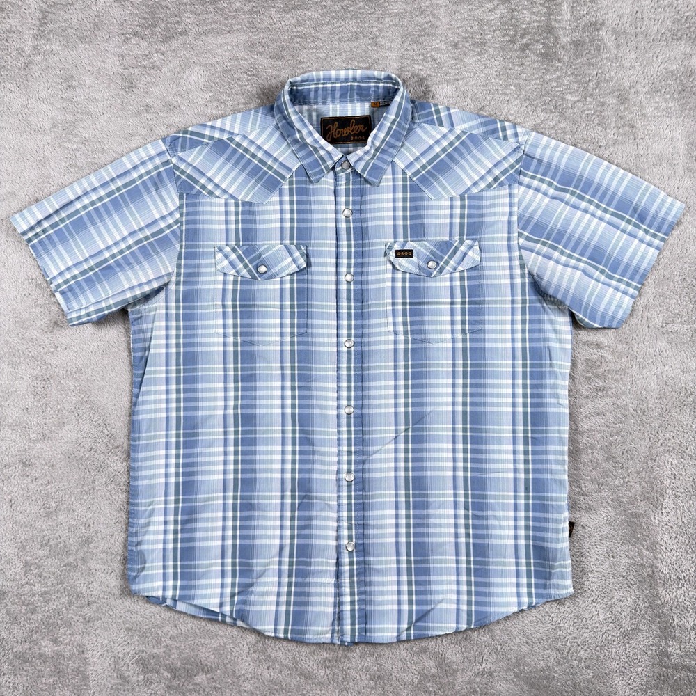 Howler Brothers Shirt Mens Medium Blue Plaid Pearl Snap Western Snap Stretch